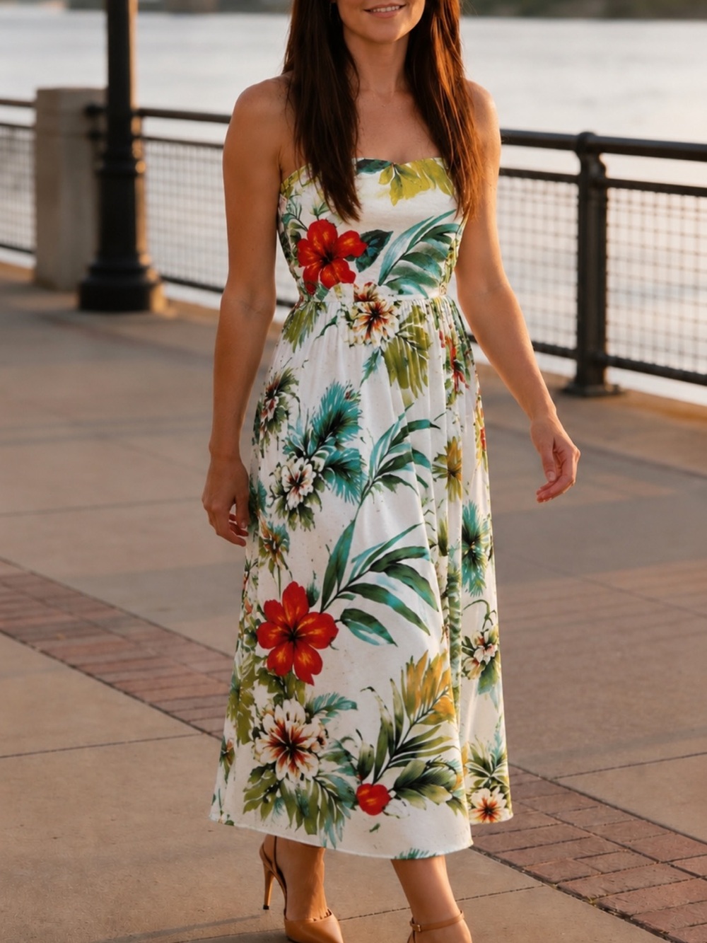 Vibe White Strapless Floral Midi Dress with Red & Green Blooms